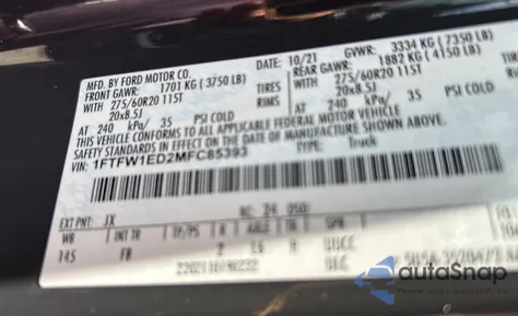 2021 Ford F150 Supercrew из США, поврежденный, VIN 1FTFW1ED2MFC85393